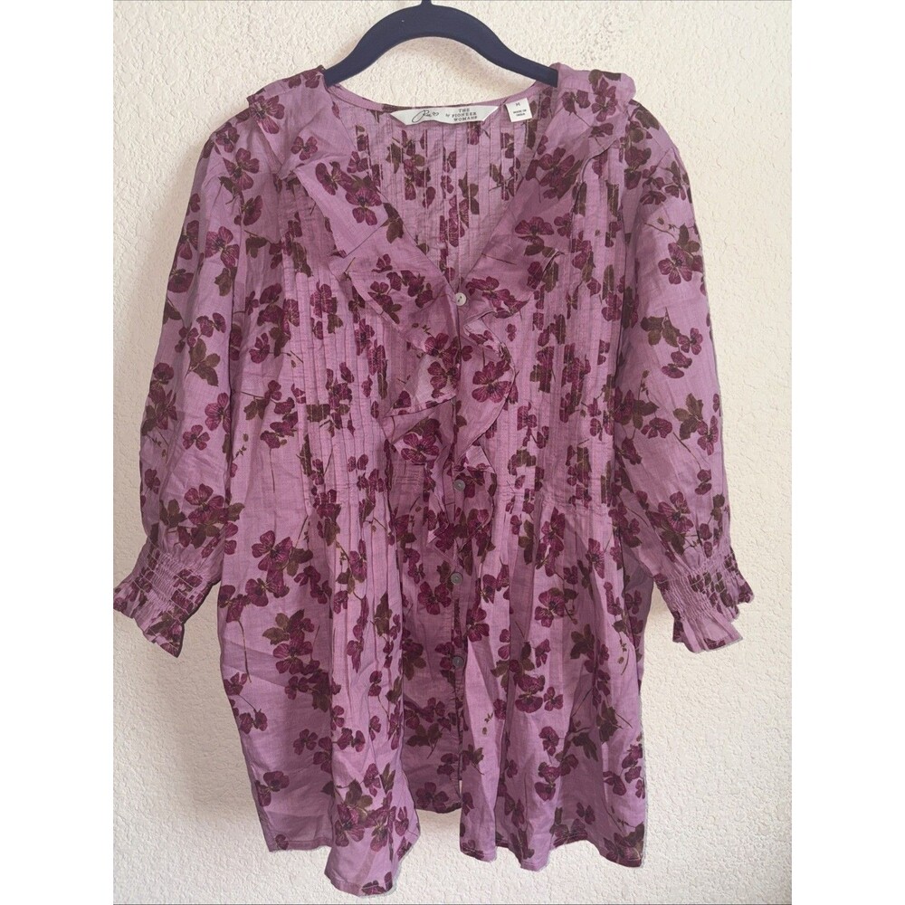 Ree by The Pioneer Ruffle Button Front Blouse Pink Flower Cottage M Puff 1/2 Slv